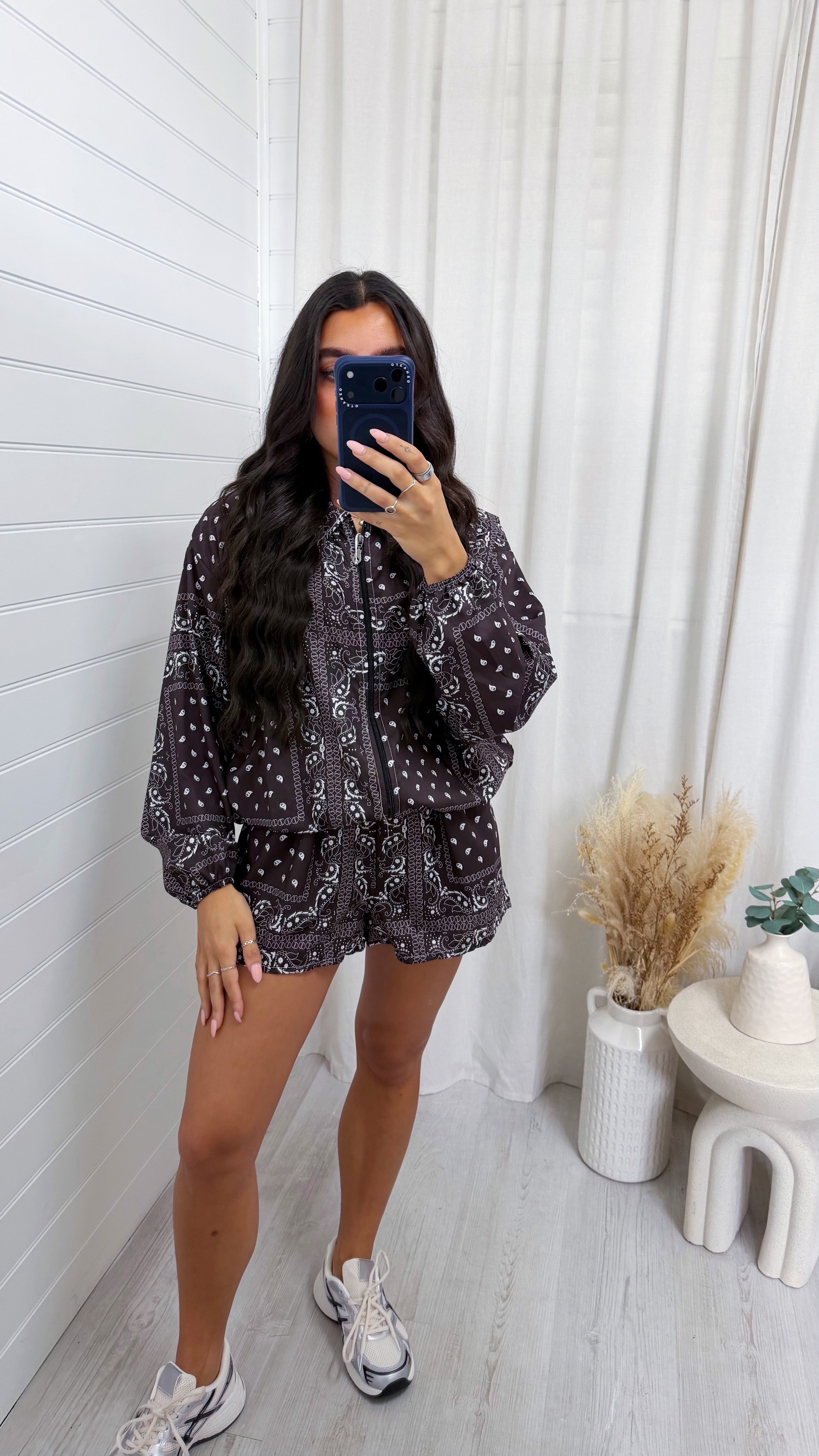 Bandana Print Satin Bomber Jacket and Shorts Co-Ord - BROWN