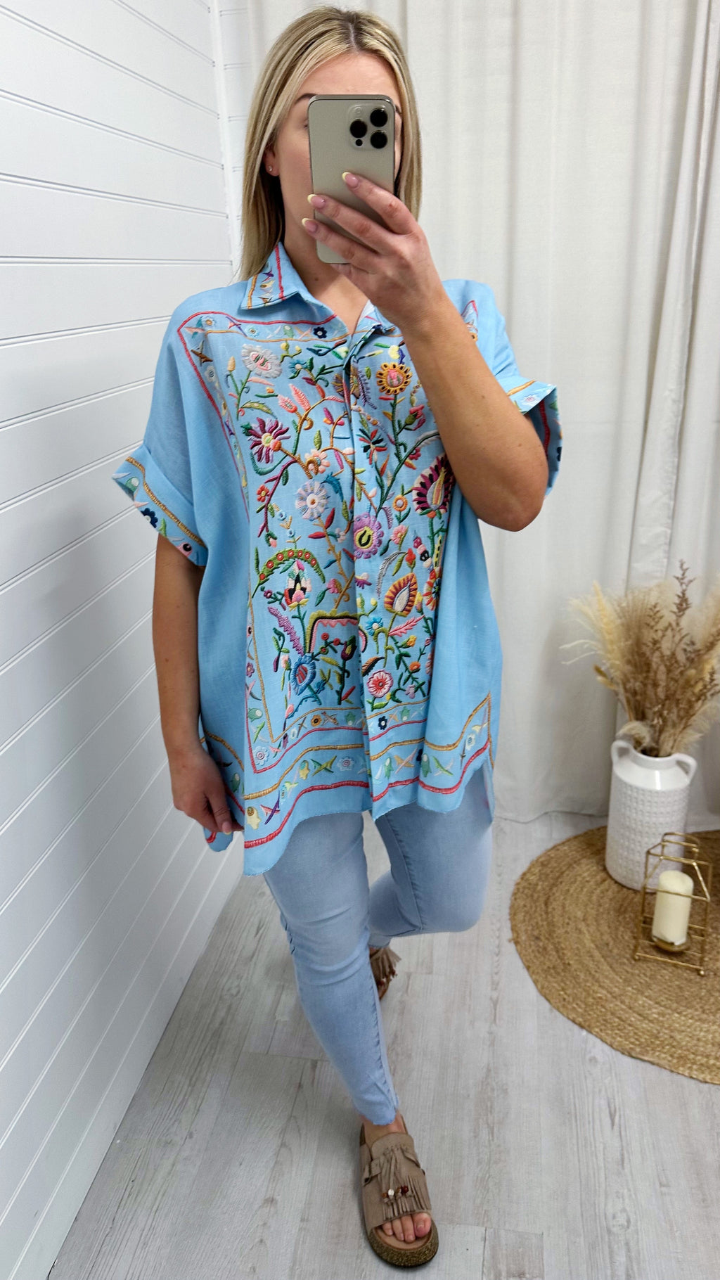 Tapestry Print Linen Shirt - BLUE