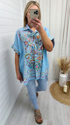Tapestry Print Linen Shirt - BLUE