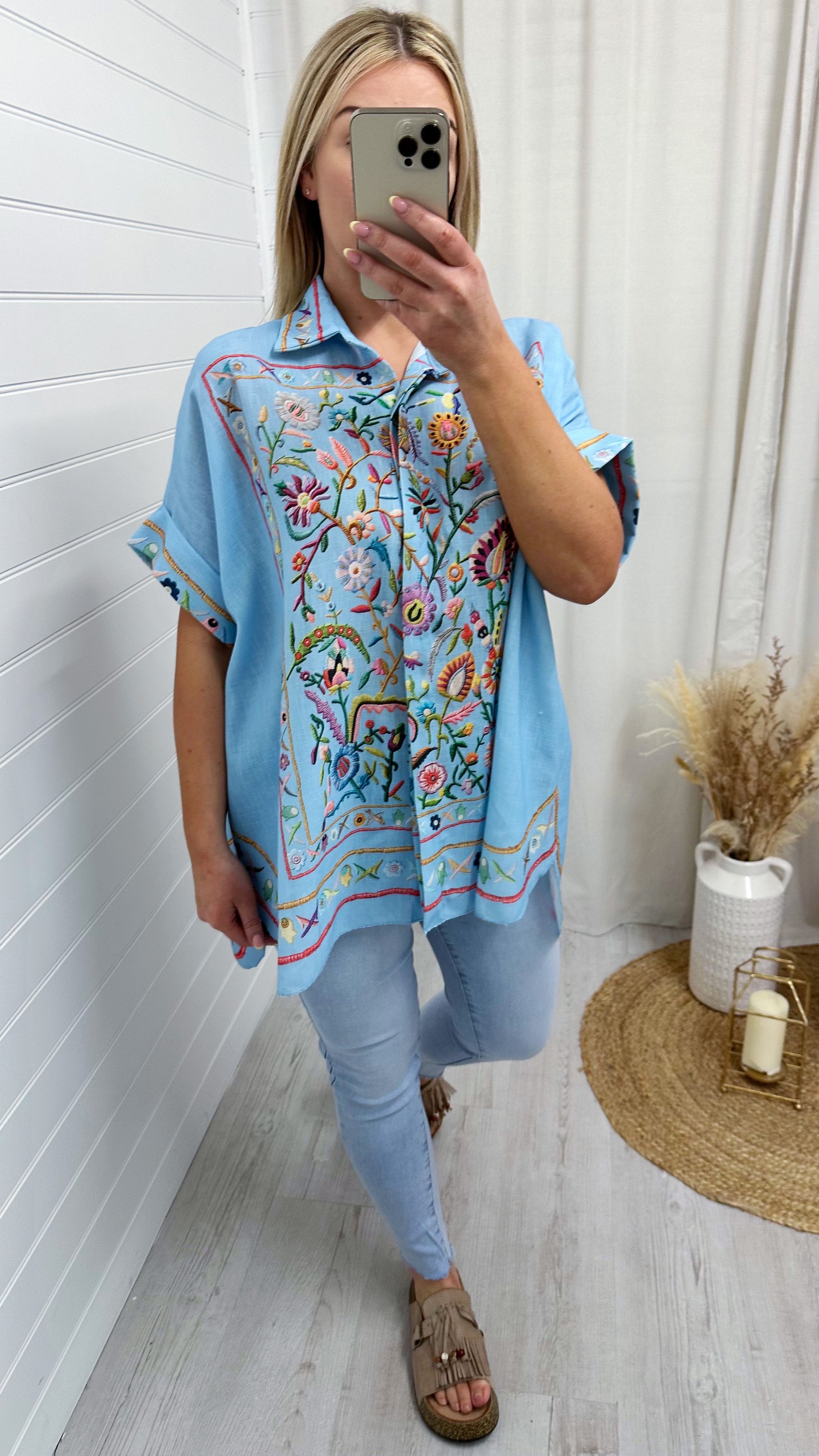 Tapestry Print Linen Shirt - BLUE