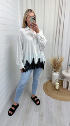 Lace Hem Crinke Shirt - WHITE