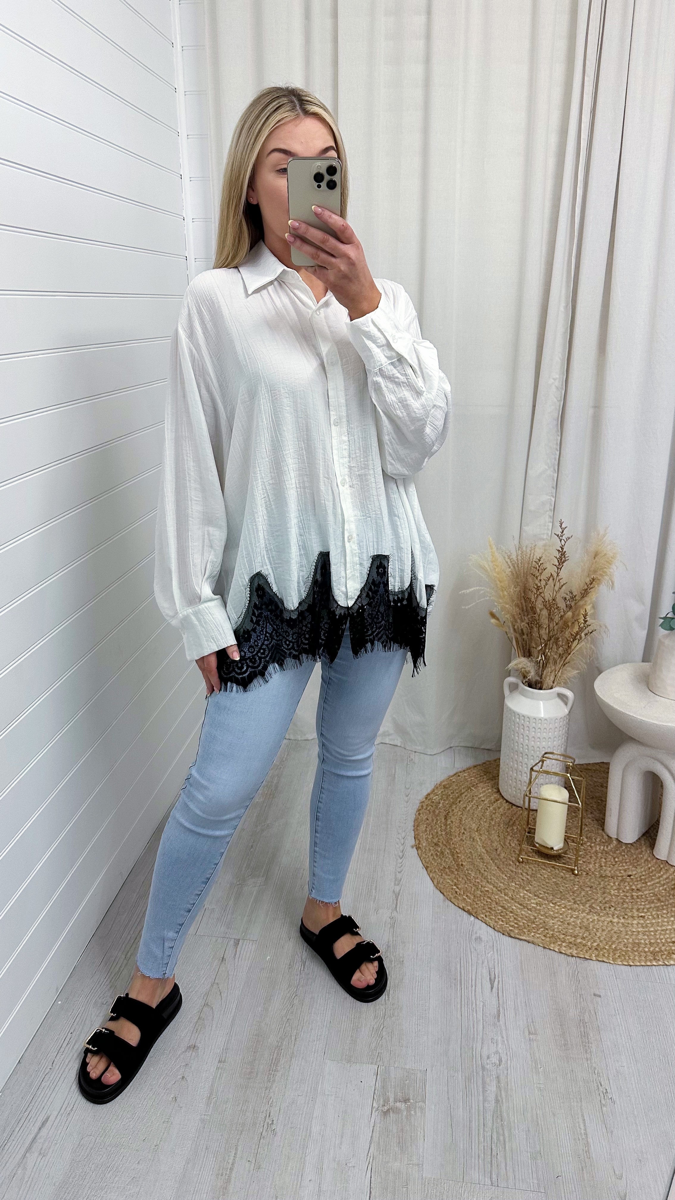 Lace Hem Crinke Shirt - WHITE