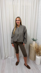 Checked Bomber Jacket - BROWN/BEIGE