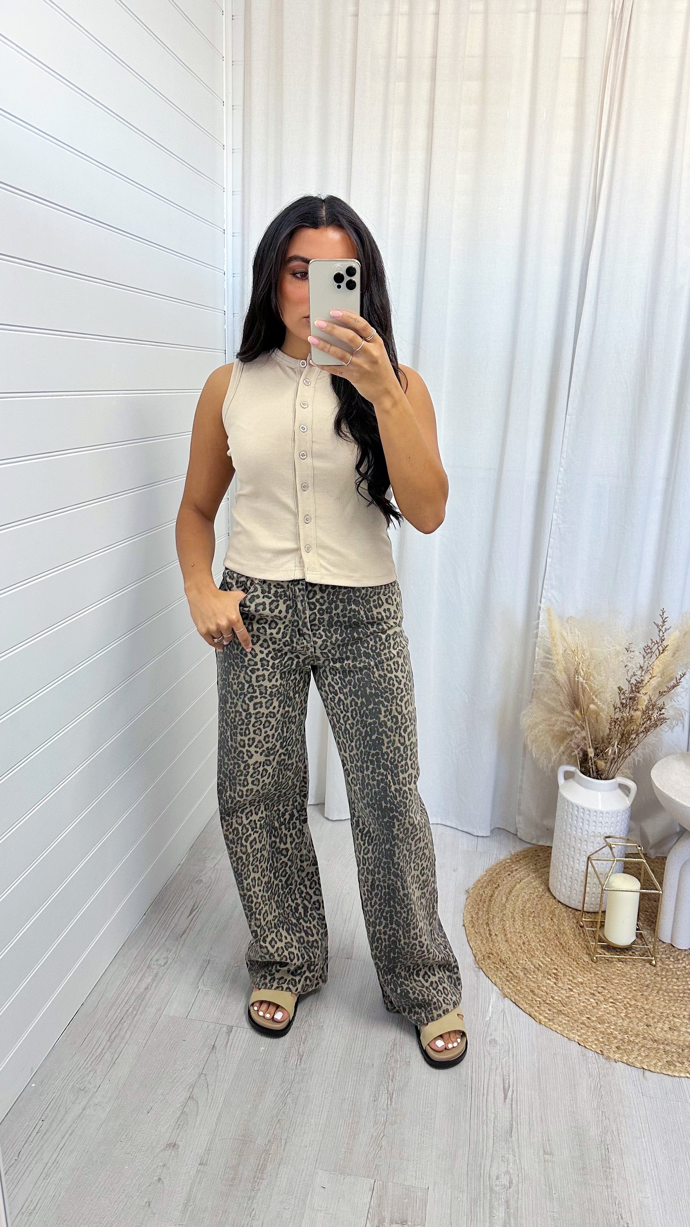 Ribbed Button Up Vest Top - BEIGE