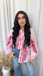 Paisley Embroidered Balloon Sleeve Shirt - PINK/RED