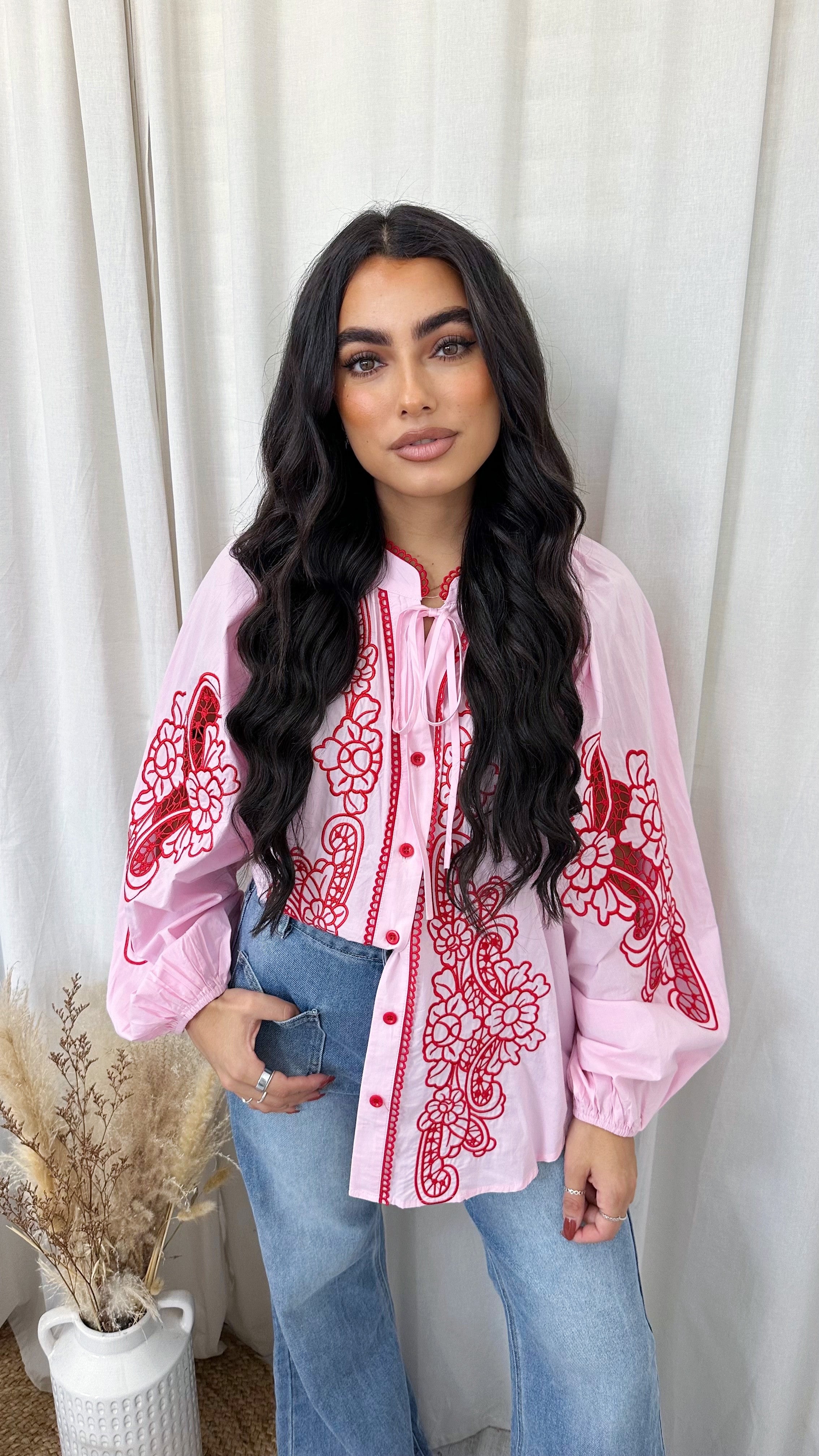 Paisley Embroidered Balloon Sleeve Shirt - PINK/RED