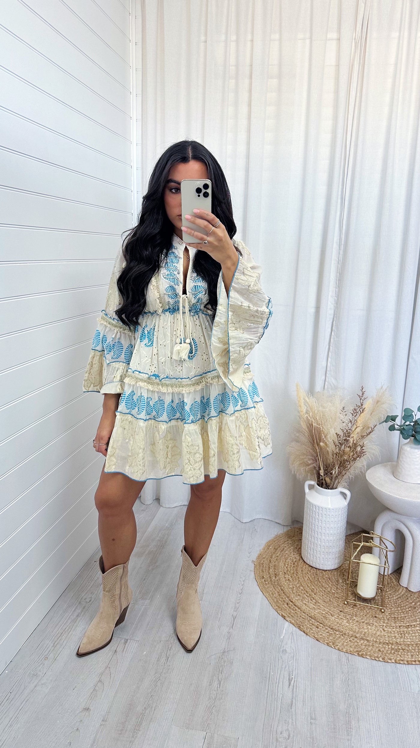Leaf Print Foil Boho Dress - CREAM/BLUE