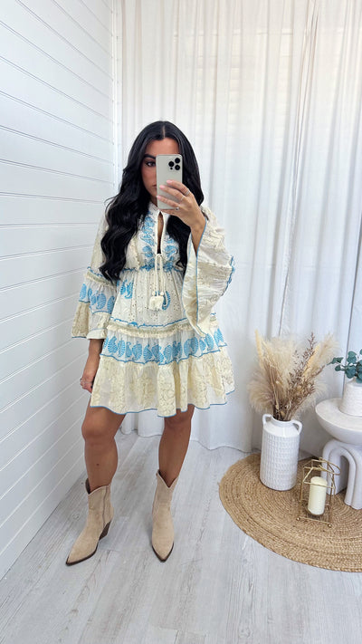 Leaf Print Foil Boho Dress - CREAM/BLUE