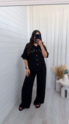 White Piped Shirt and Trousers Co-Ord - BLACK