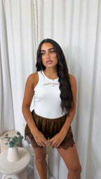 Lace Hem Satin Shorts - BROWN