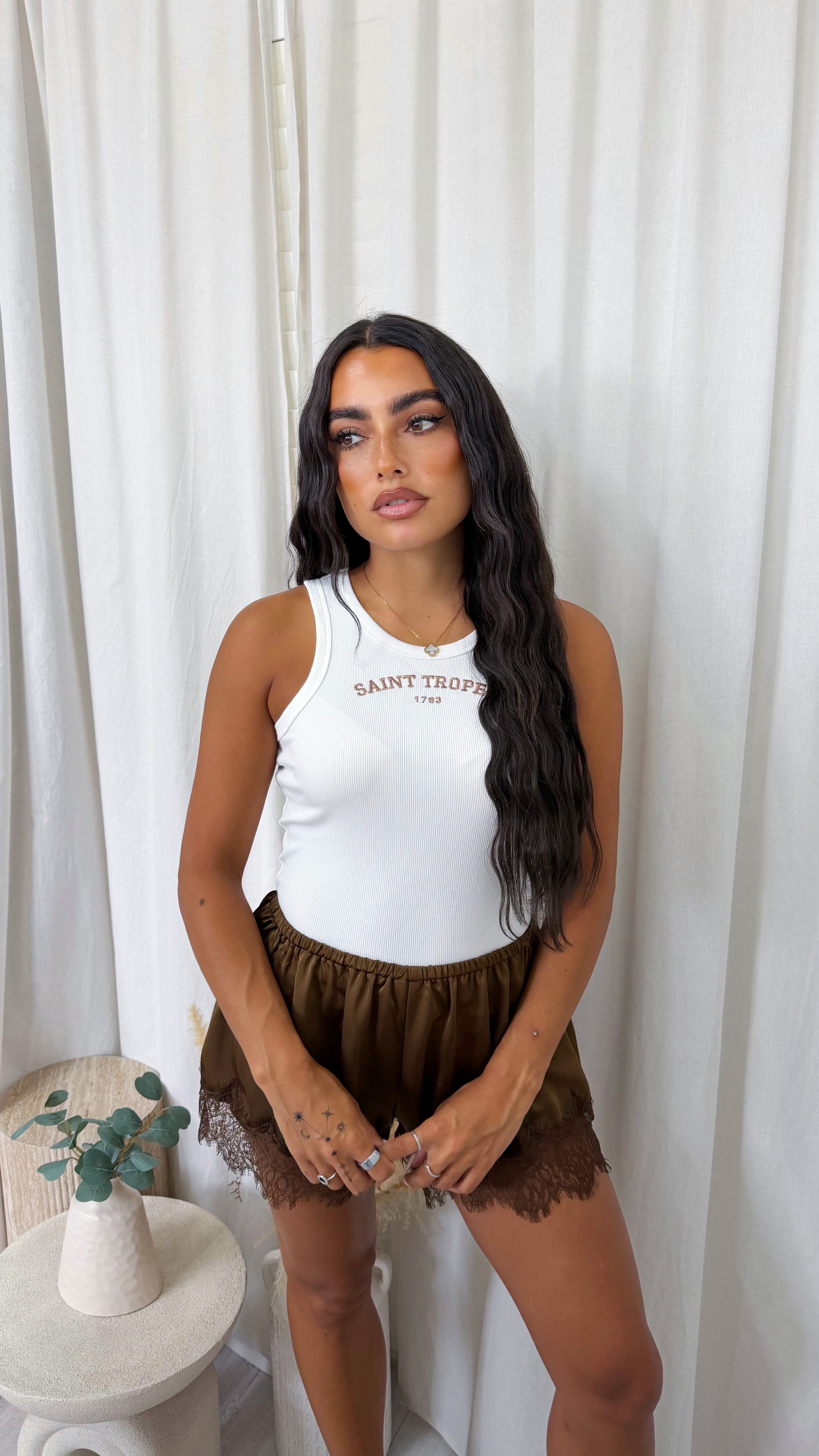 Lace Hem Satin Shorts - BROWN