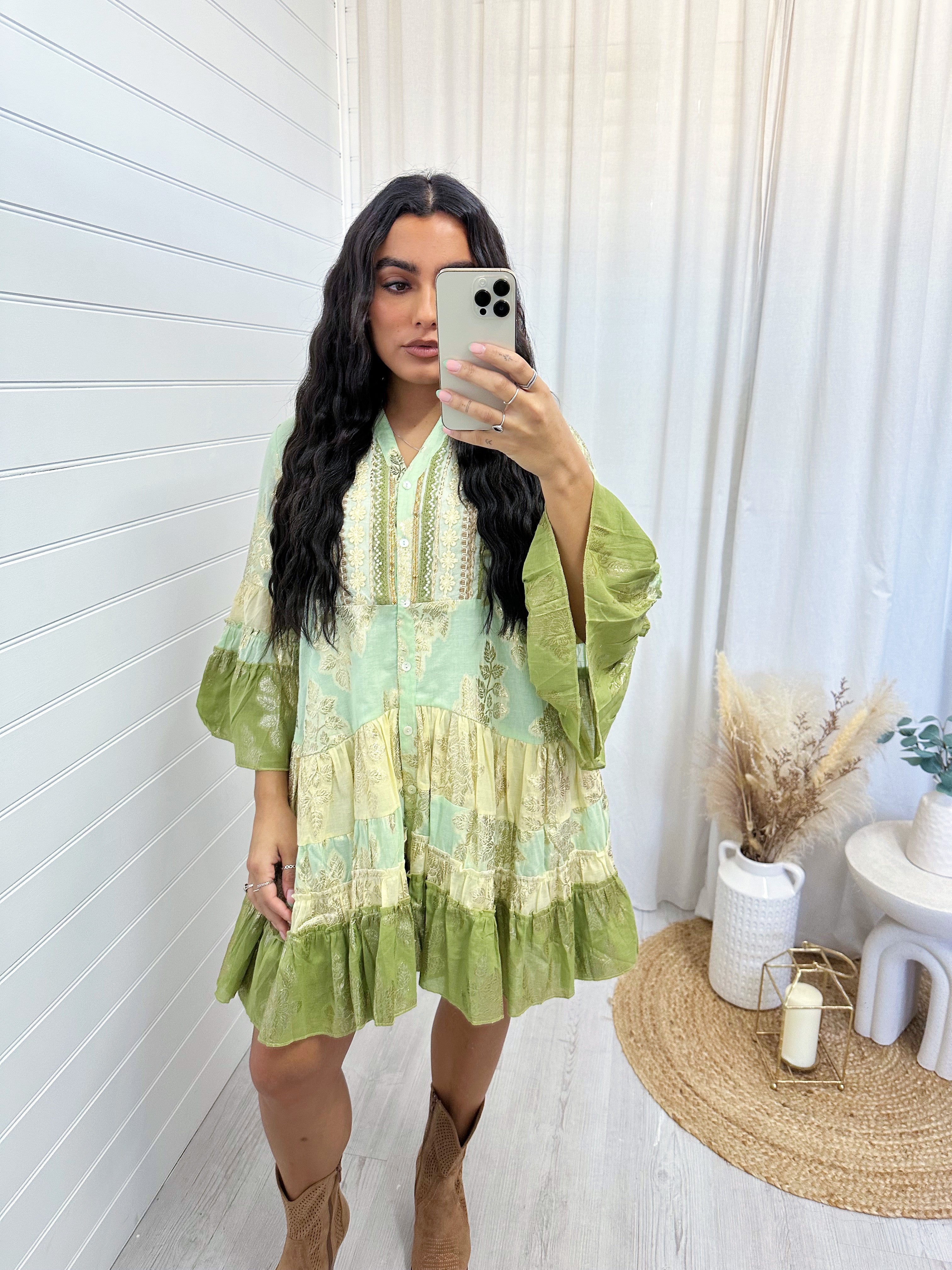 Foil Leaf Beaded Boho Smock Dress - GREEN