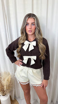 Woollen Mini Bow Cardigan - BROWN