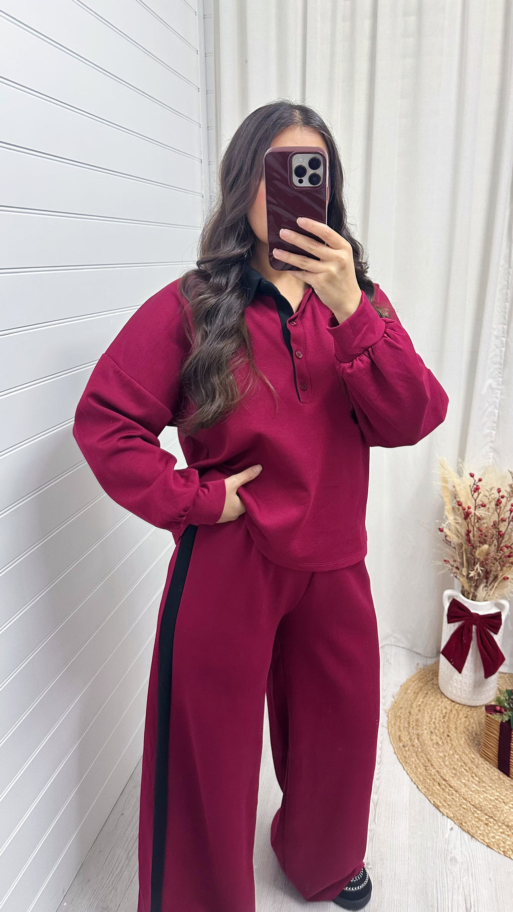 Contrast Collared Shirt and Wide Leg Joggers Co-Ord - WINE