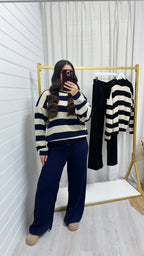Stripey Knitted Jumper and Trousers Co-Ord - NAVY/BEIGE