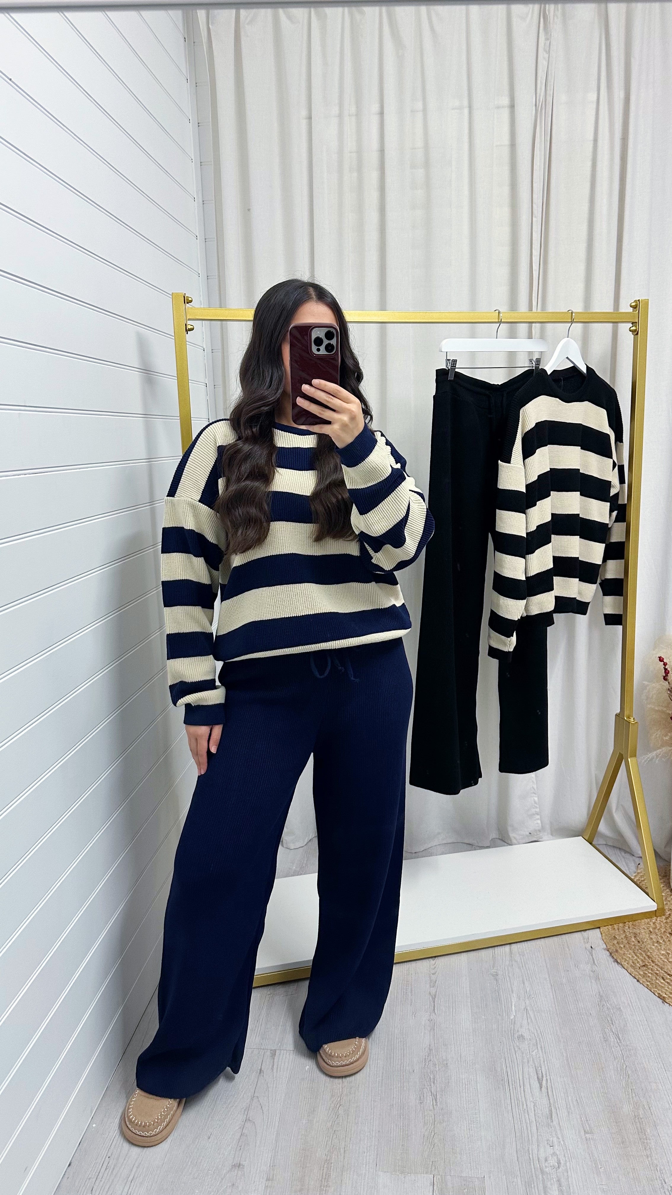 Stripey Knitted Jumper and Trousers Co-Ord - NAVY/BEIGE