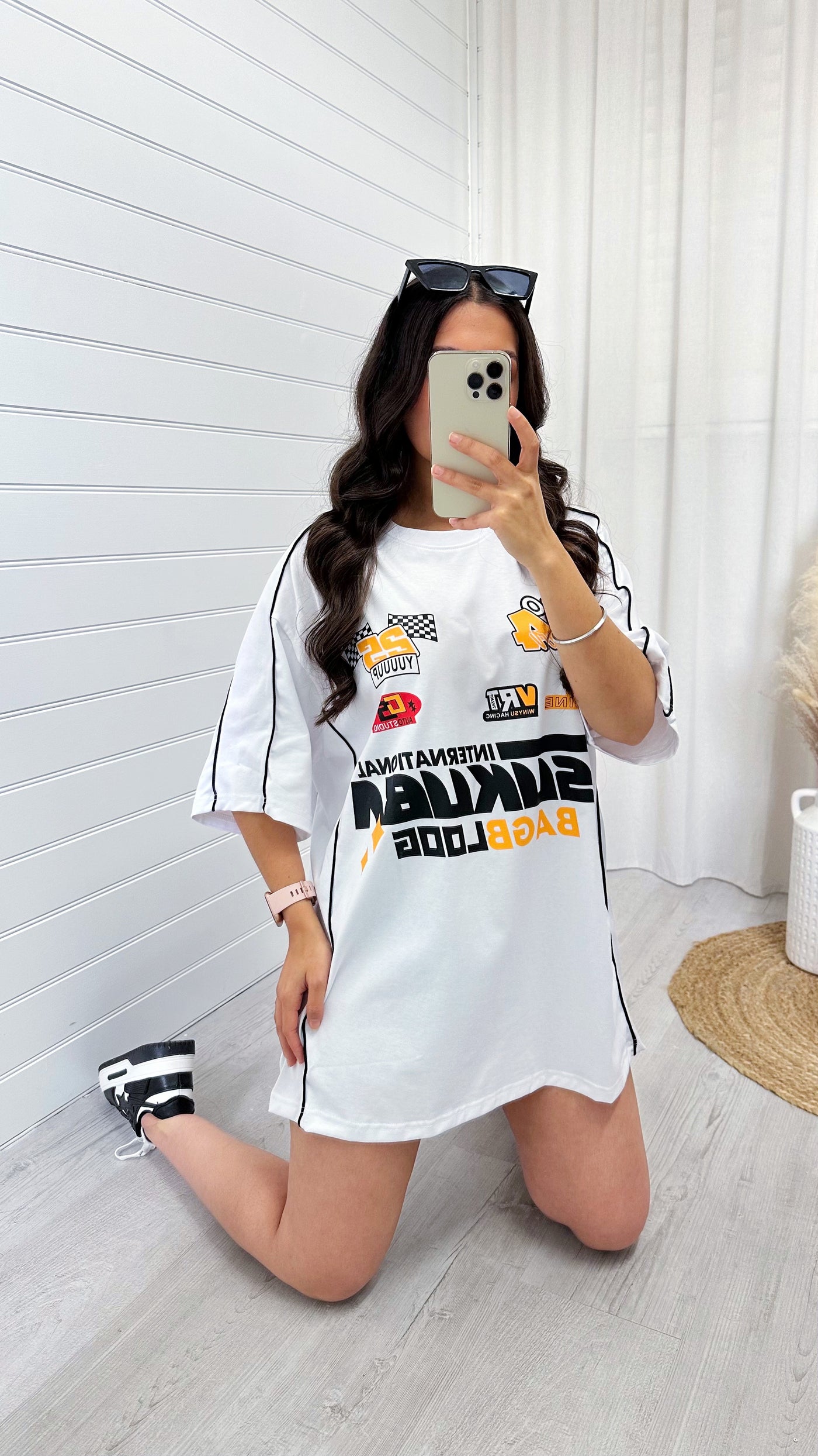 Short Sleeve Racer Graphic T-Shirt Dress - WHITE