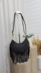 Suede Crescent Fringe Bag - CHARCOAL