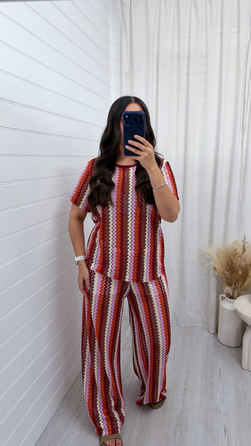 Zig Zag Crochet T-Shirt and Trousers Co-Ord - ORANGE/BROWN