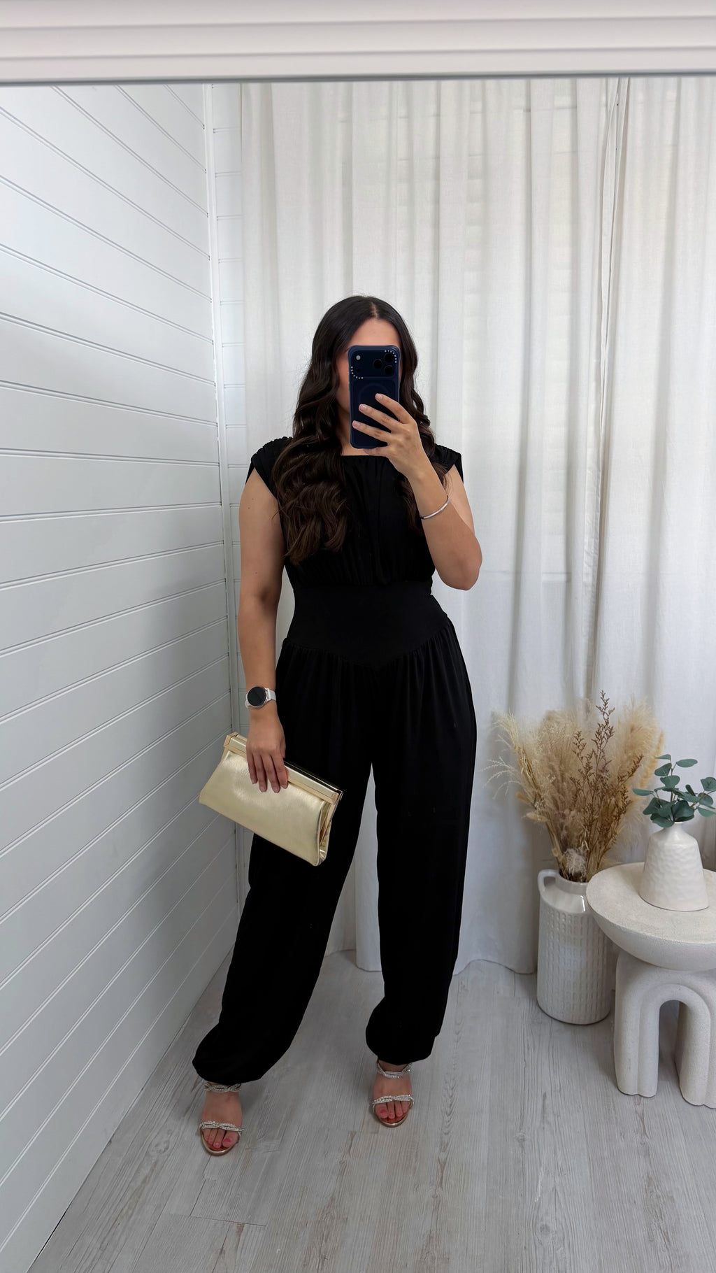Cinch Waist Ruched Jumpsuit - BLACK