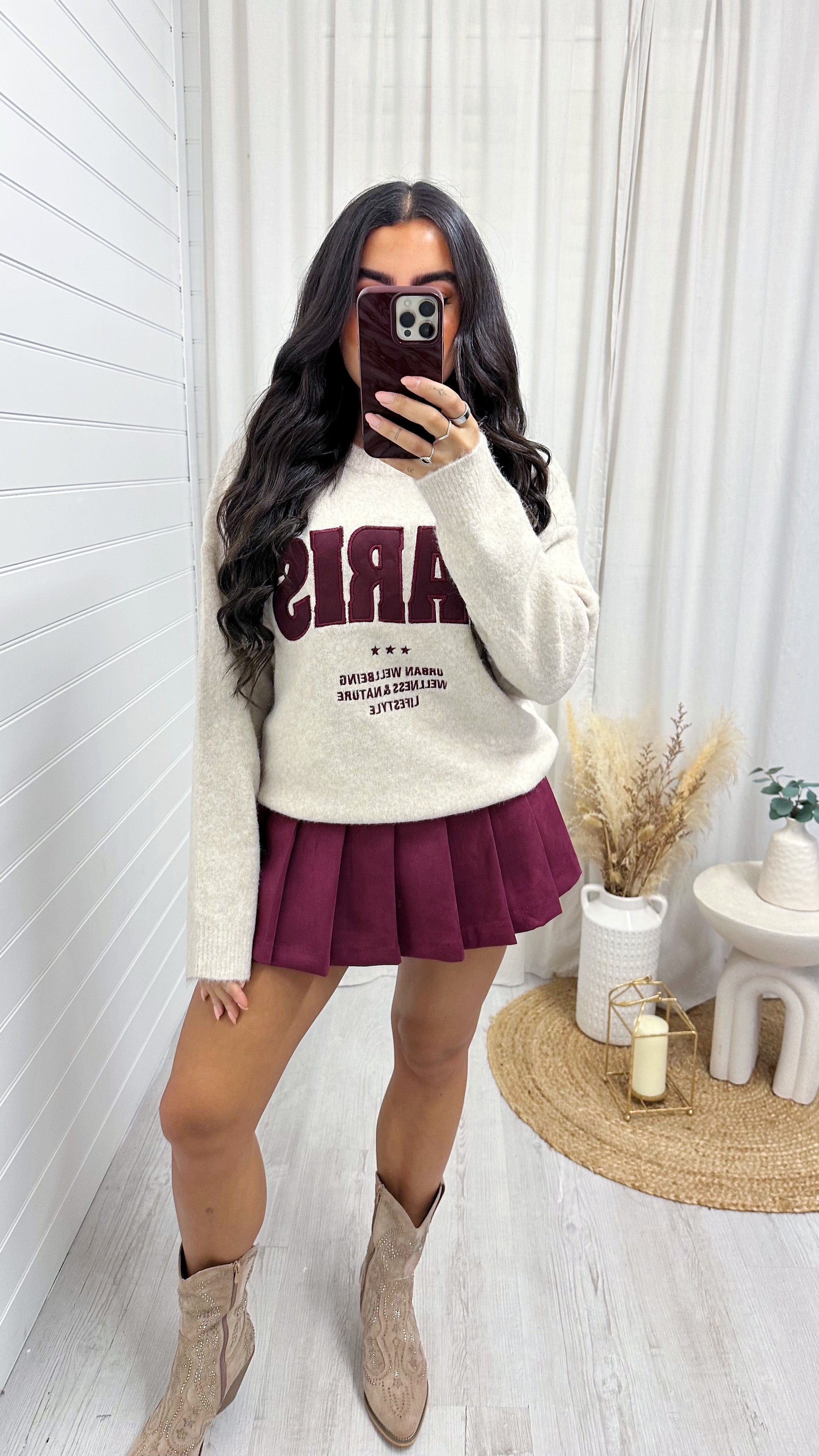 Suede Pleated Mini Tennis Skort - BURGUNDY