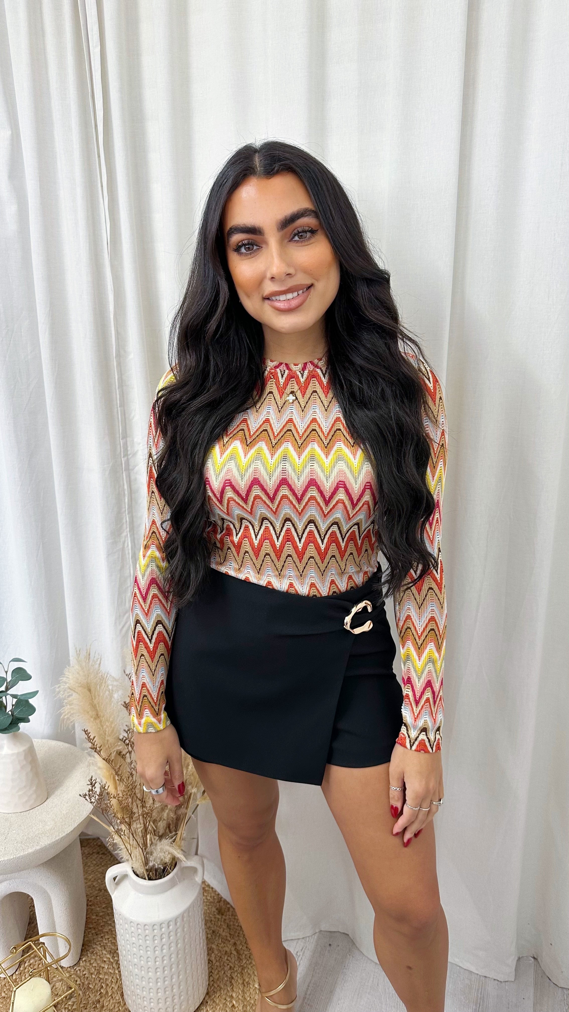 Zig Zag Knitted Long Sleeve Top - ORANGE/BROWN