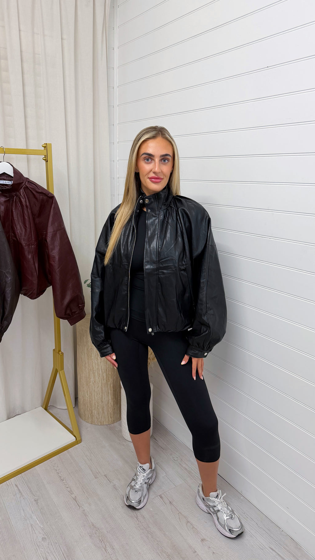 High Neck Puffed Leather Jacket - BLACK