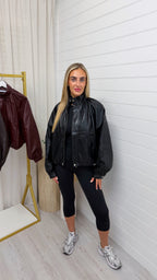 High Neck Puffed Leather Jacket - BLACK