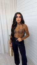 Deer Print Mesh Bodysuit - CARAMEL