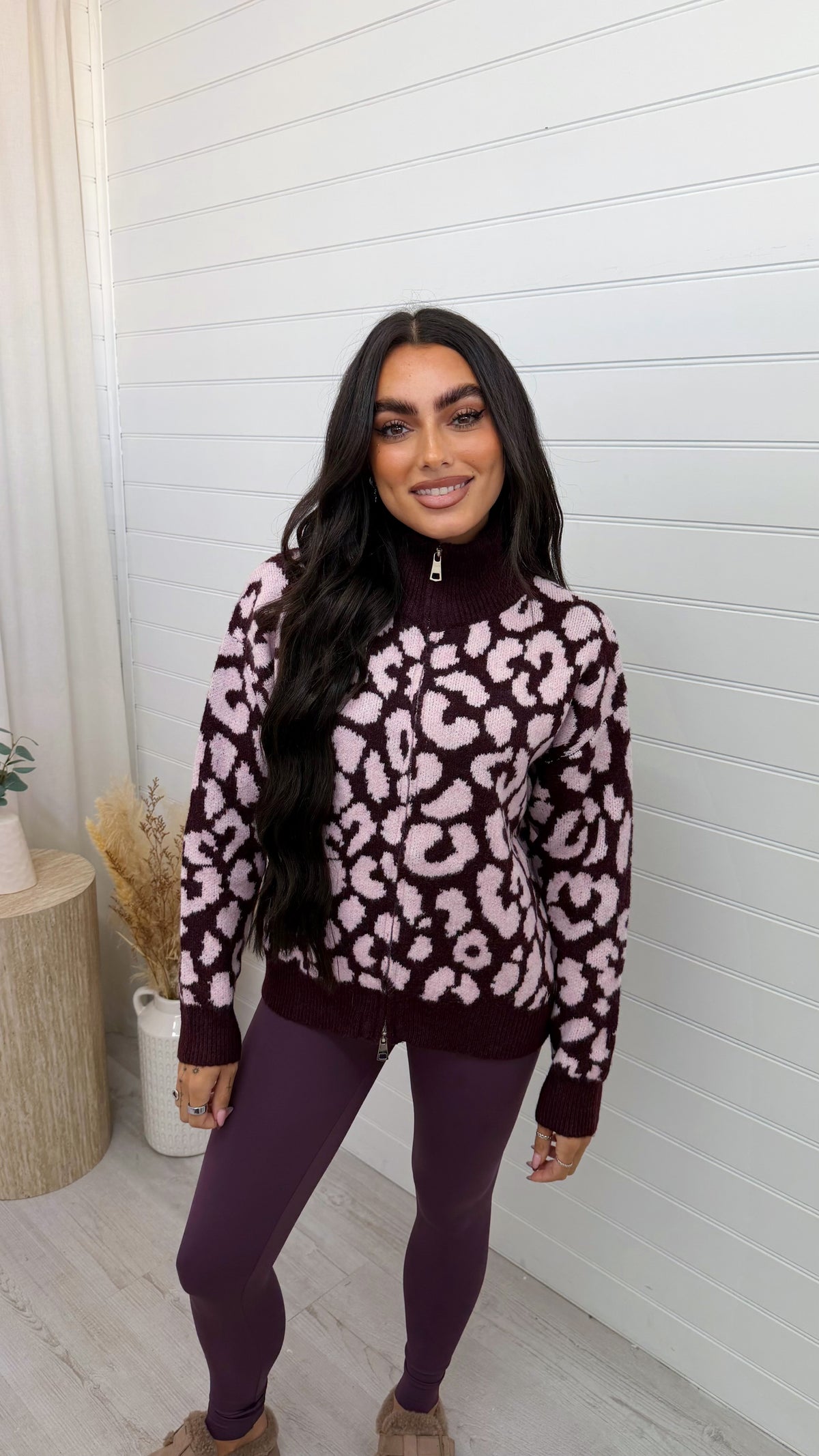 Leopard Print Knitted Jacket - BURGUNDY/PINK