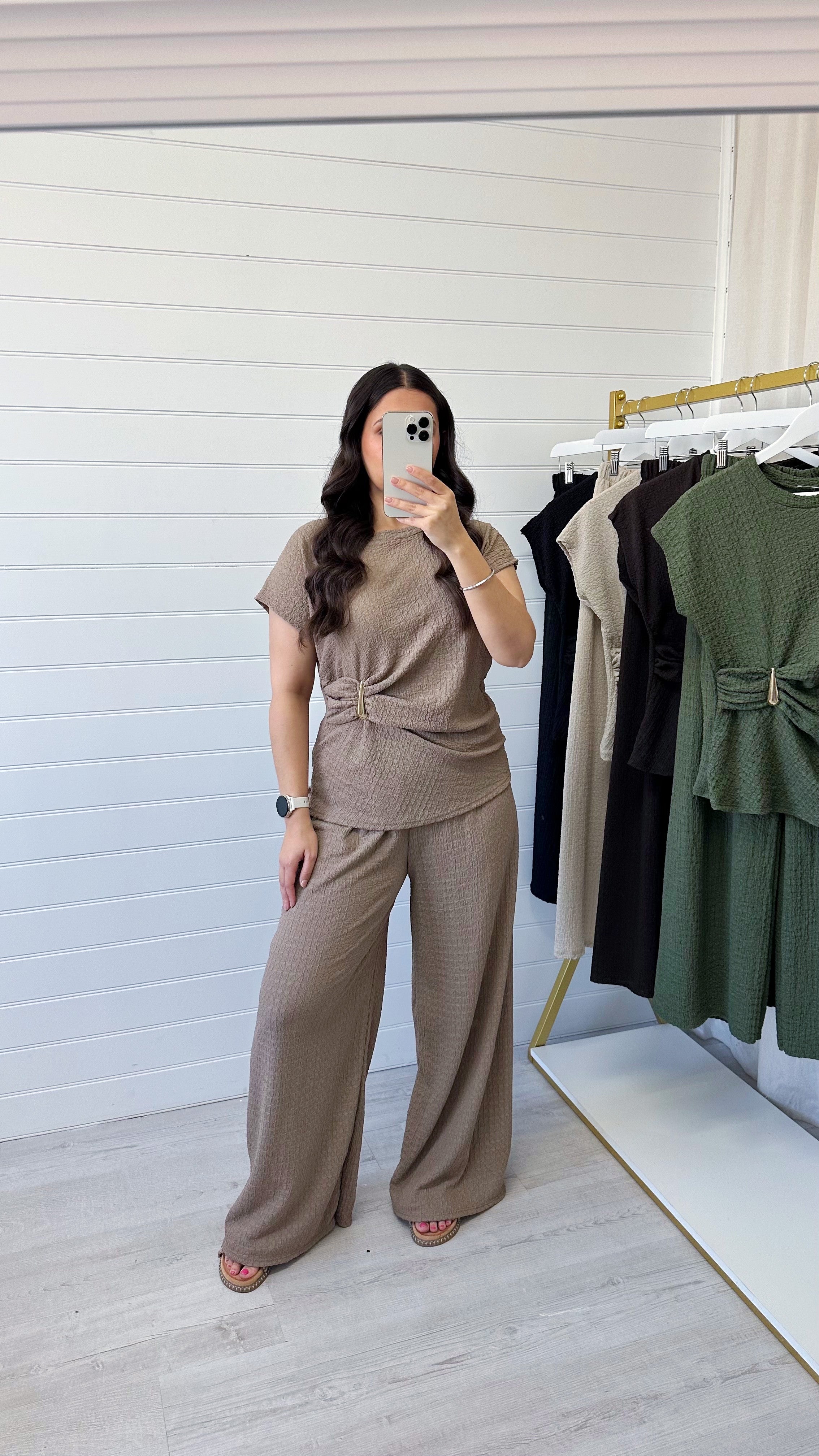 Gold Clasp Ruched Top and Wide Leg Trousers Co-Ord - TAUPE