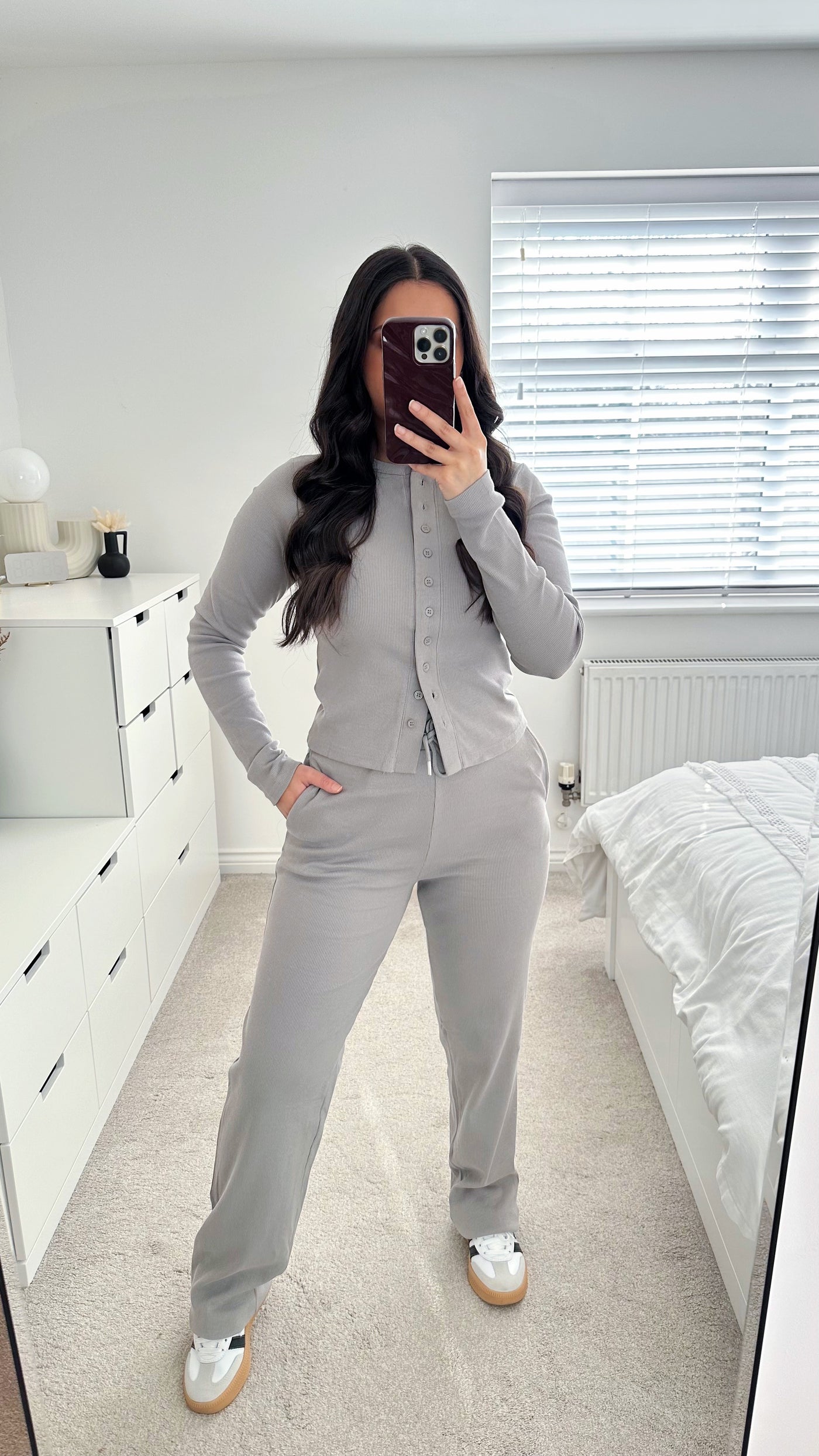 Ribbed Cardigan and Straight Leg Trousers Co-Ord - DOVE GREY
