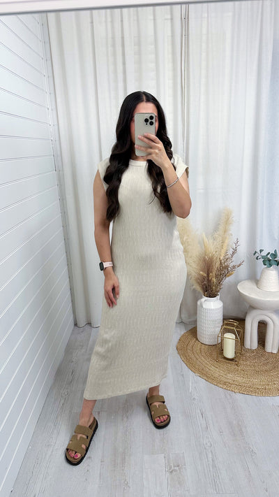 Plain Crinkle Midi Dress - BEIGE