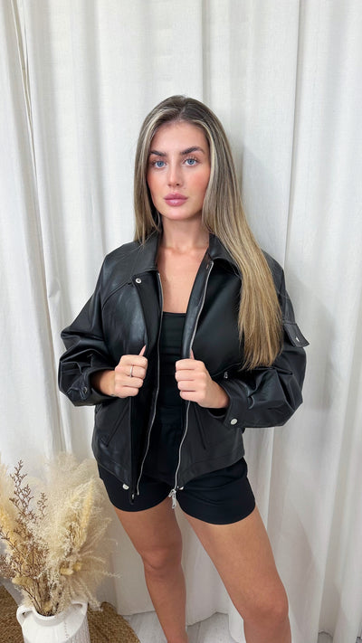 PU Cargo Pocket Bomber Jacket - BLACK