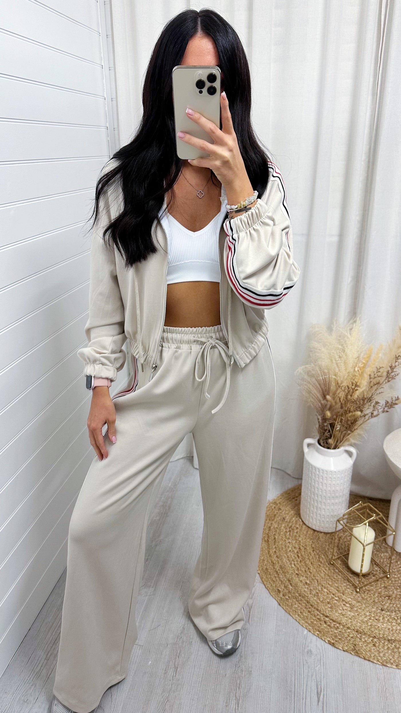 Retro Side Stripe Bomber Jacket and Joggers Tracksuit - BEIGE