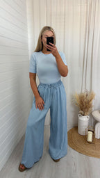 Pinstripe Wide Leg Trousers - LIGHT DENIM