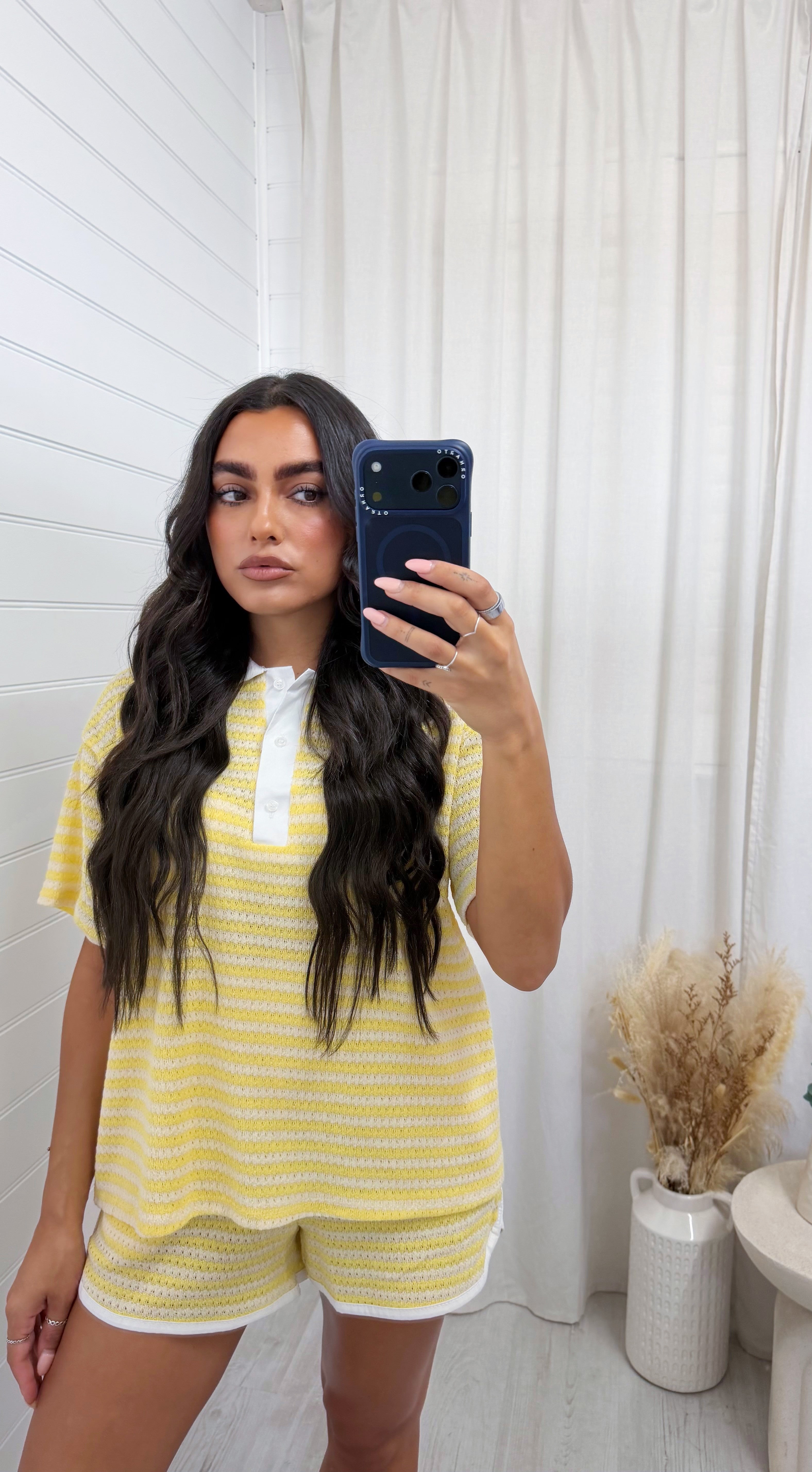 Crochet Stripe Collared Shirt and Shorts - LEMON