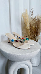 Gem Stone Heeled Sandals - CREAM