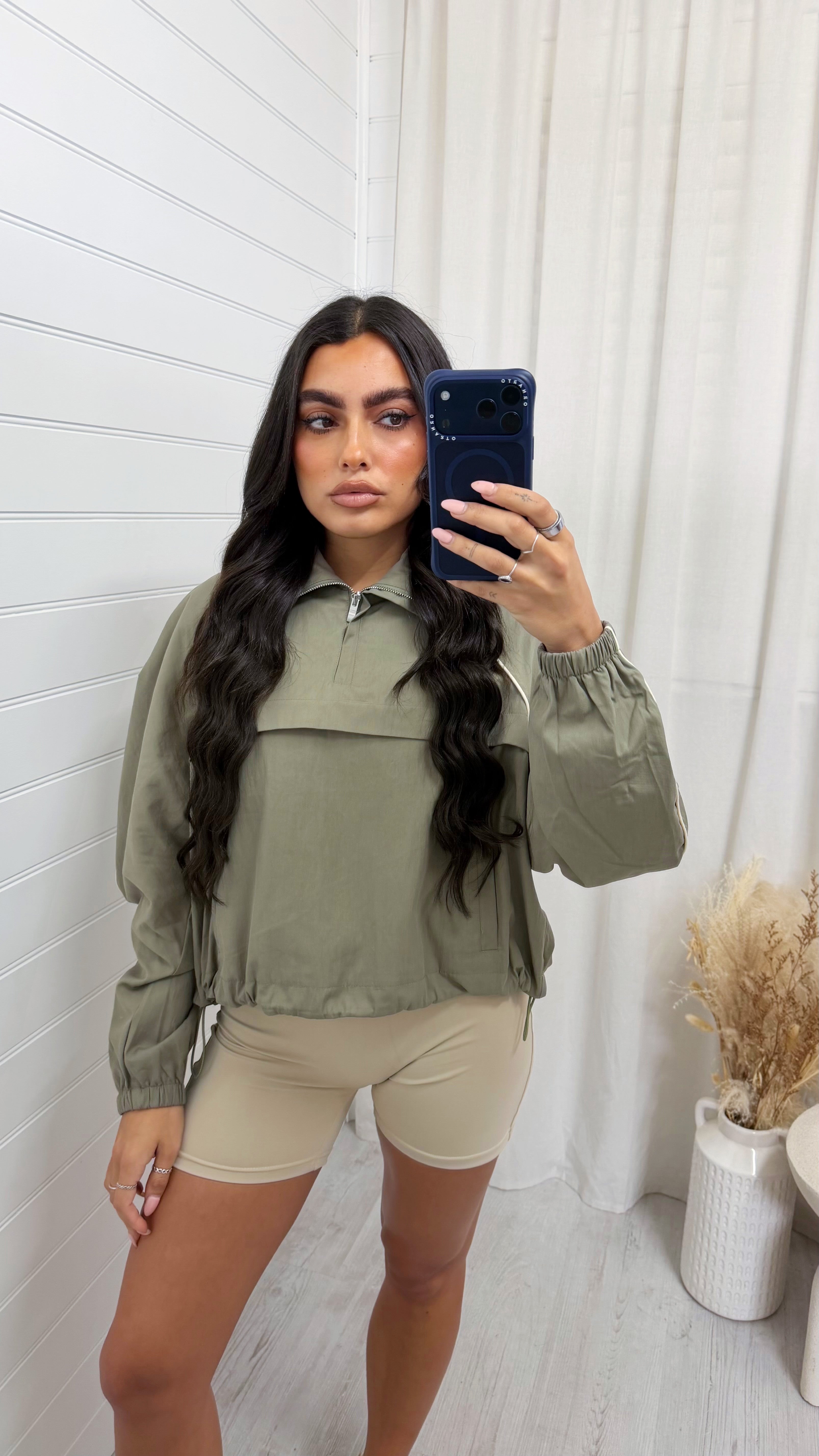 Piped Half Zip Windbreaker - KHAKI