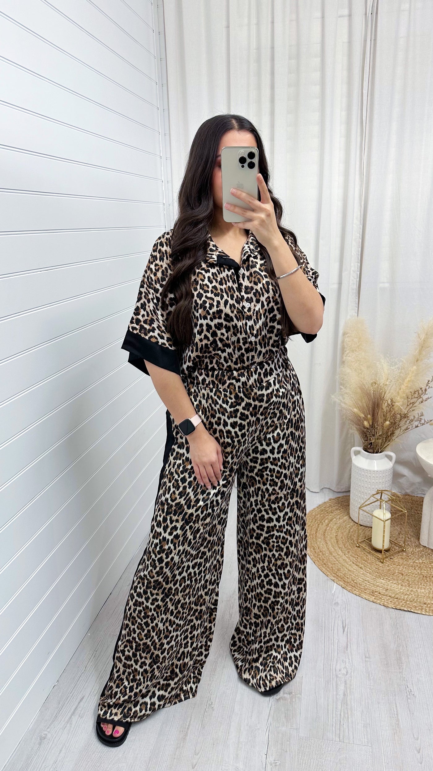 Satin Side Stripe Leopard Print Shirt and Trousers Co-Ord - BLACK