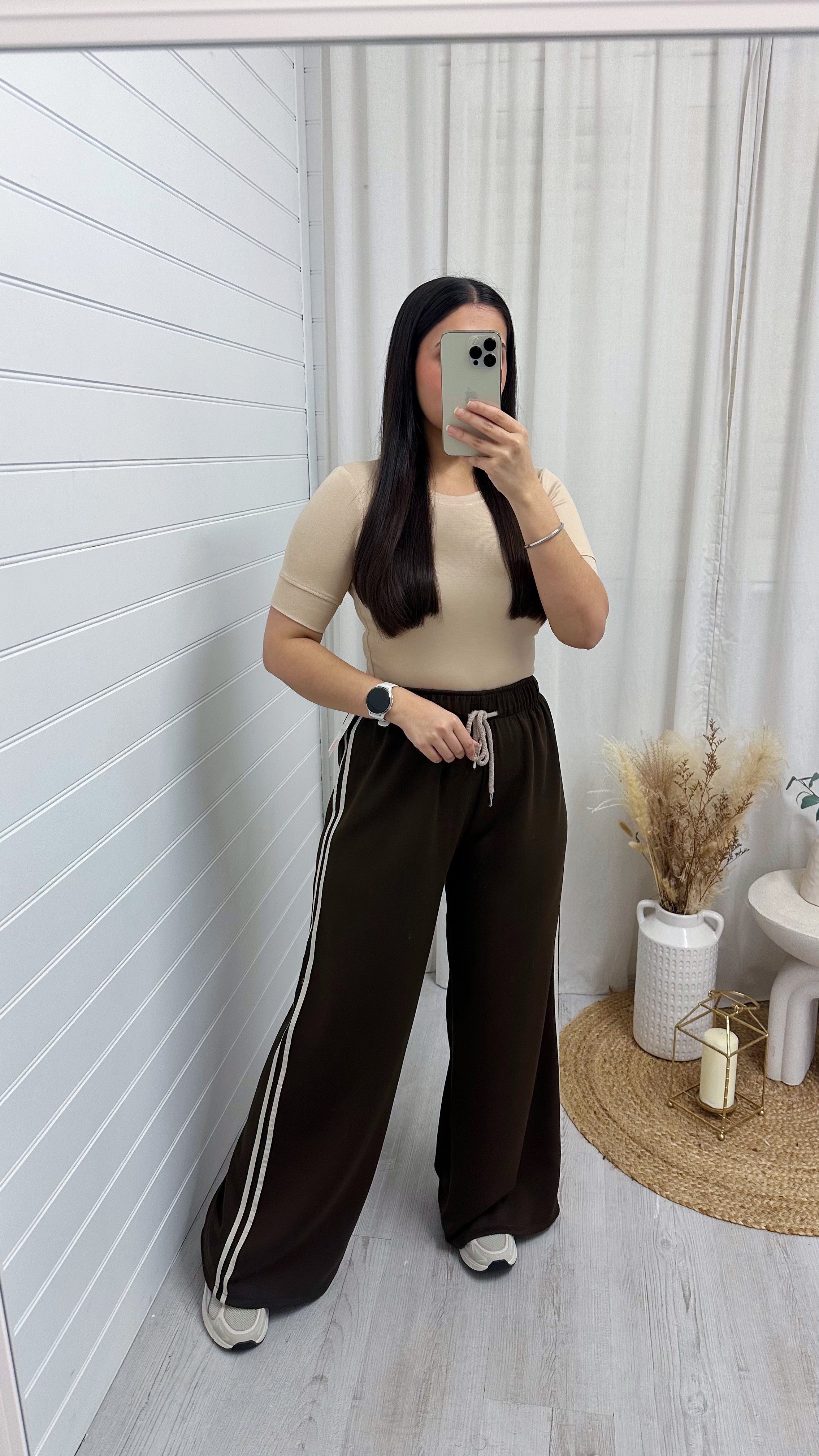 Wide Leg Retro Stripe Joggers - BROWN