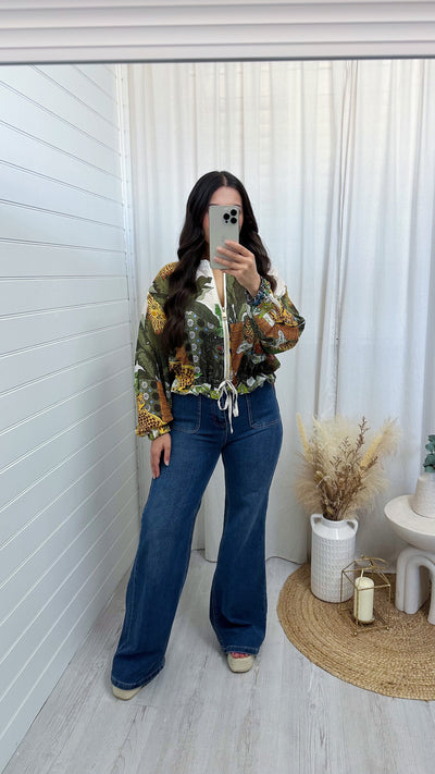 Floral Print Chiffon Bomber Jacket - KHAKI