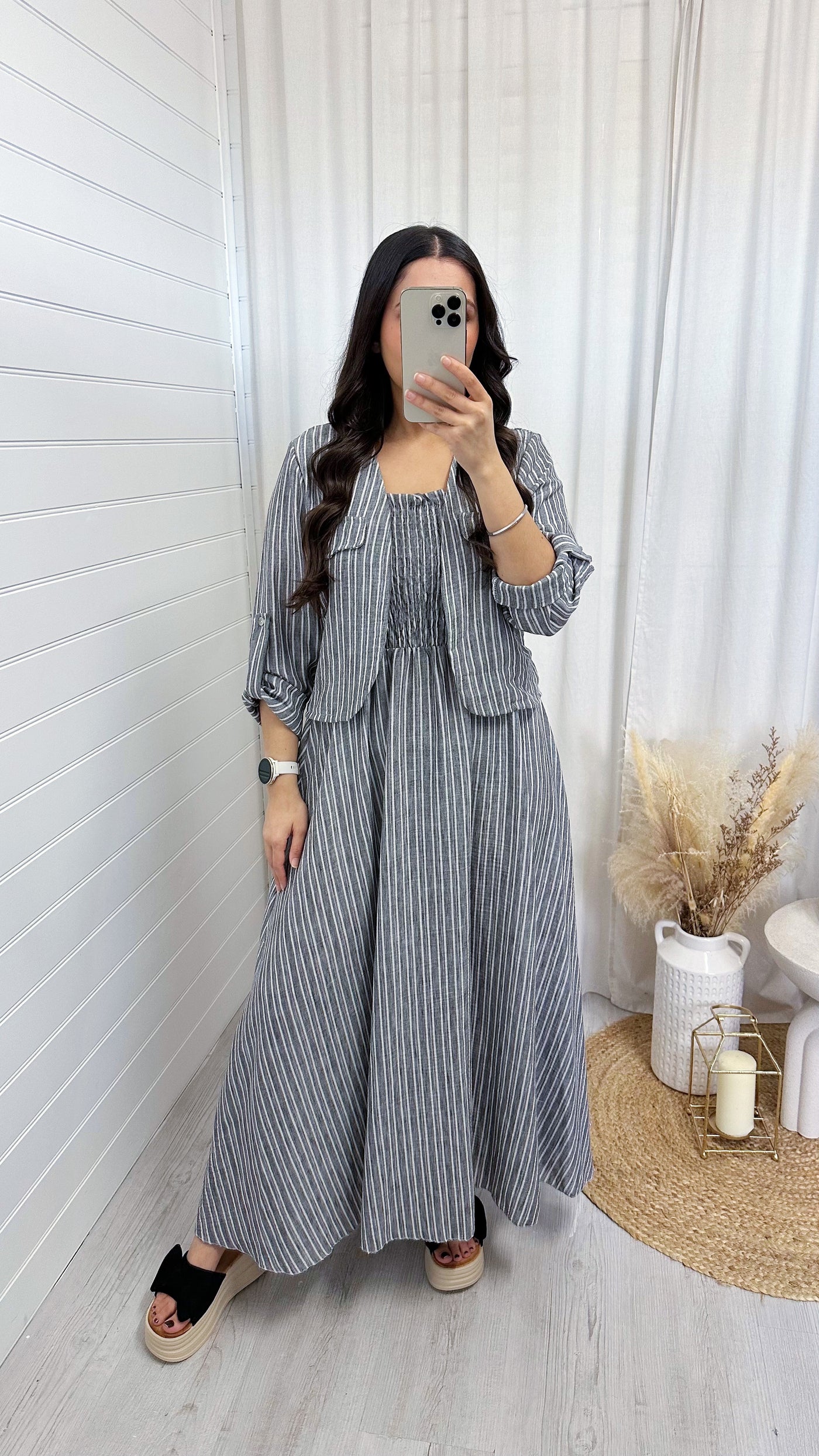Pinstripe Linen Jacket and Dress Set - GREY