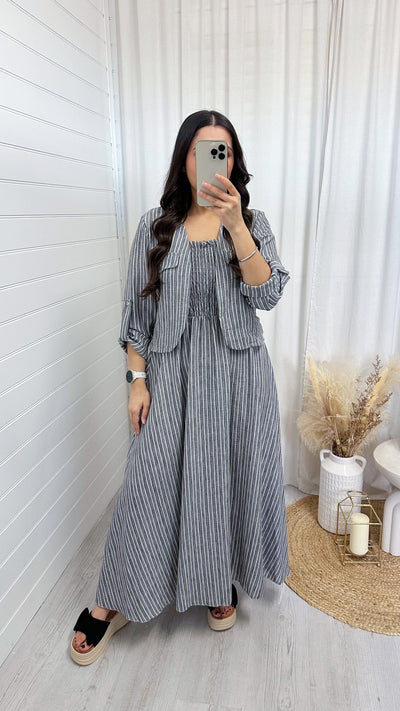 Pinstripe Linen Jacket and Dress Set - GREY