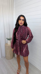 Deer Print Tie Neck Dress - BURGUNDY