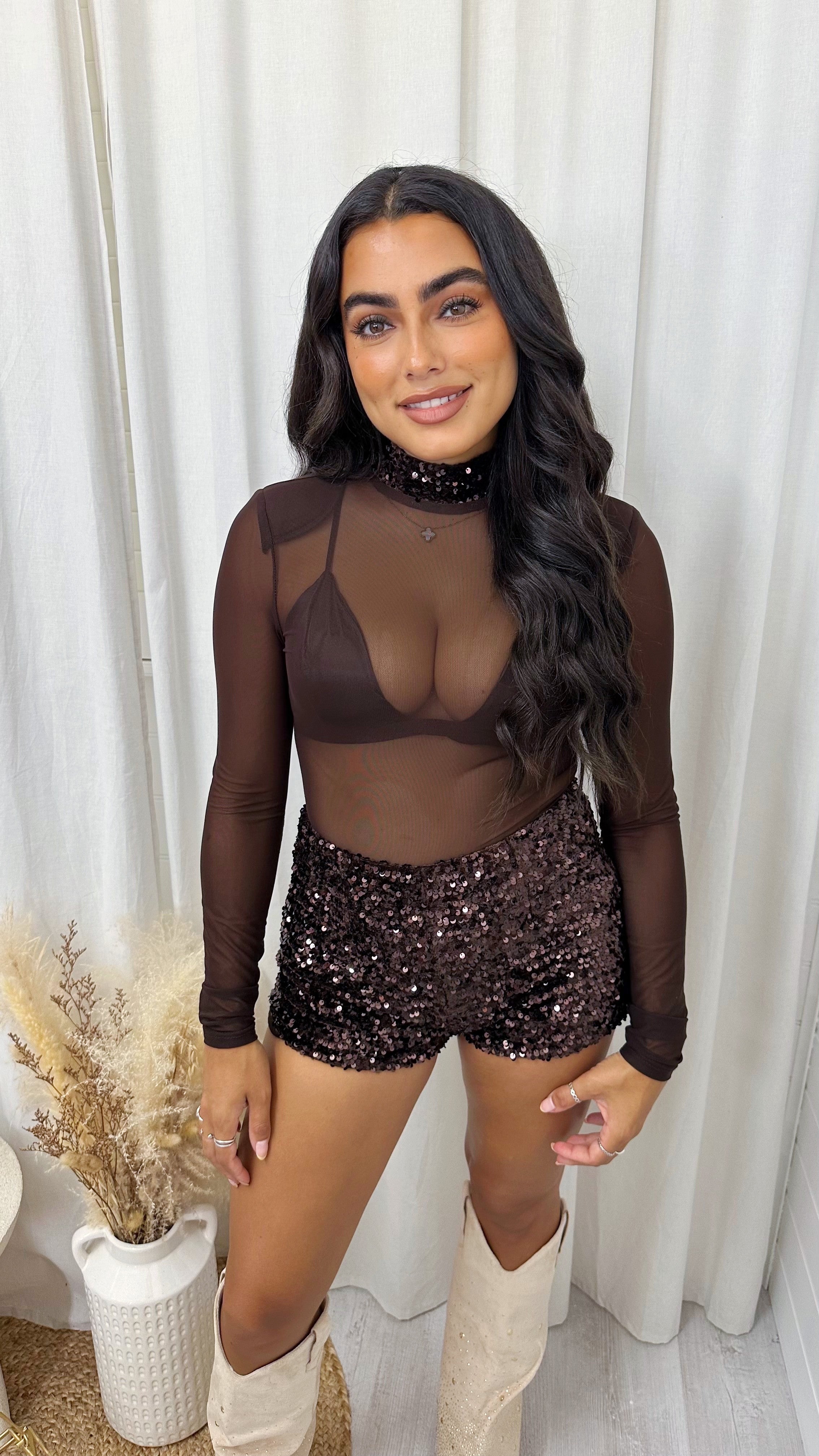 *BRA NOT INCLUDED* 2 Piece Sequin Mesh Bodysuit, Bralette and Shorts Co-Ord - BROWN