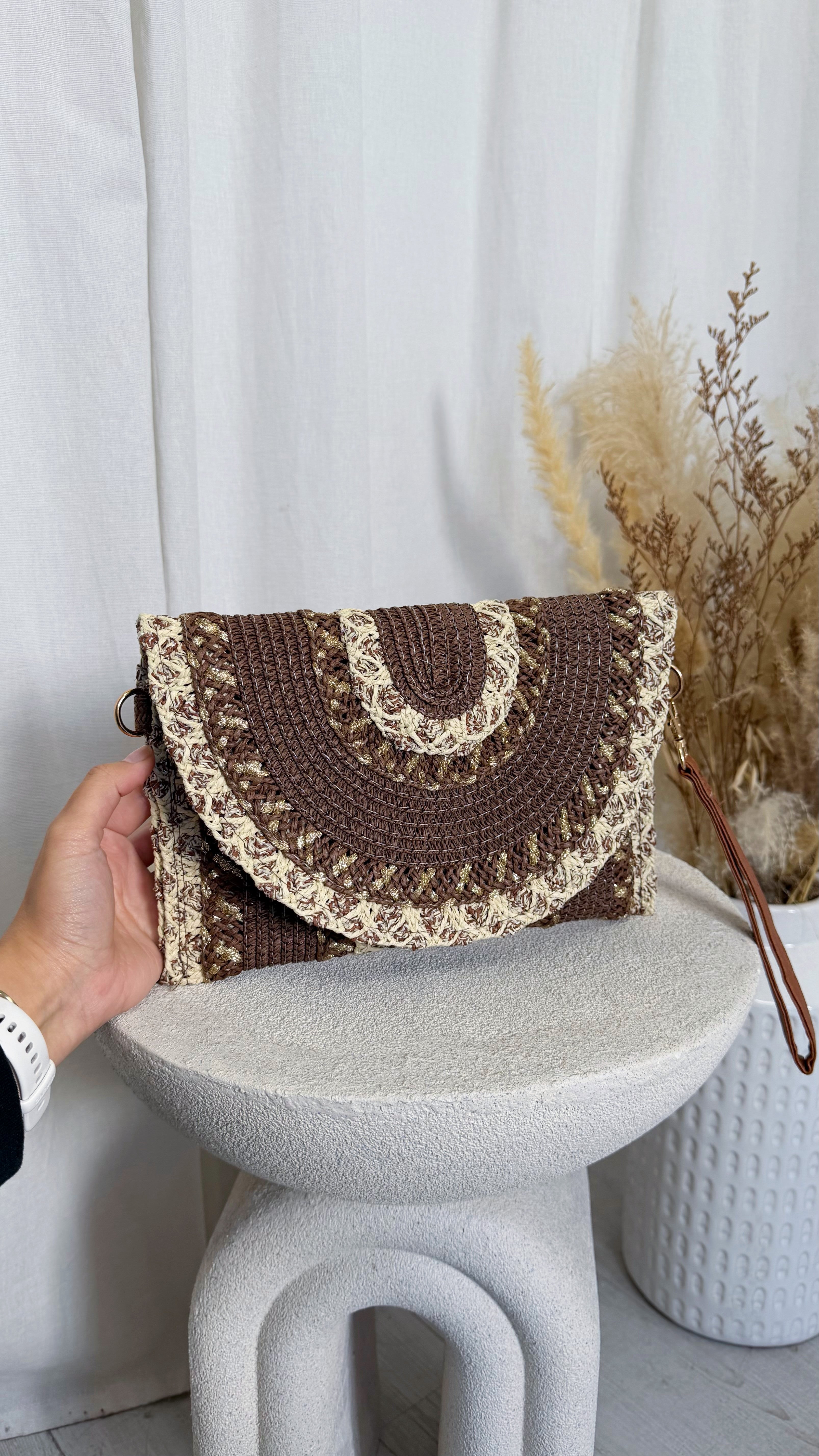 Crochet Arch Pattern Boho Clutch Bag - LIGHT BROWN