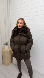 Luxe Faux Fur Collar Puffer Coat - BROWN