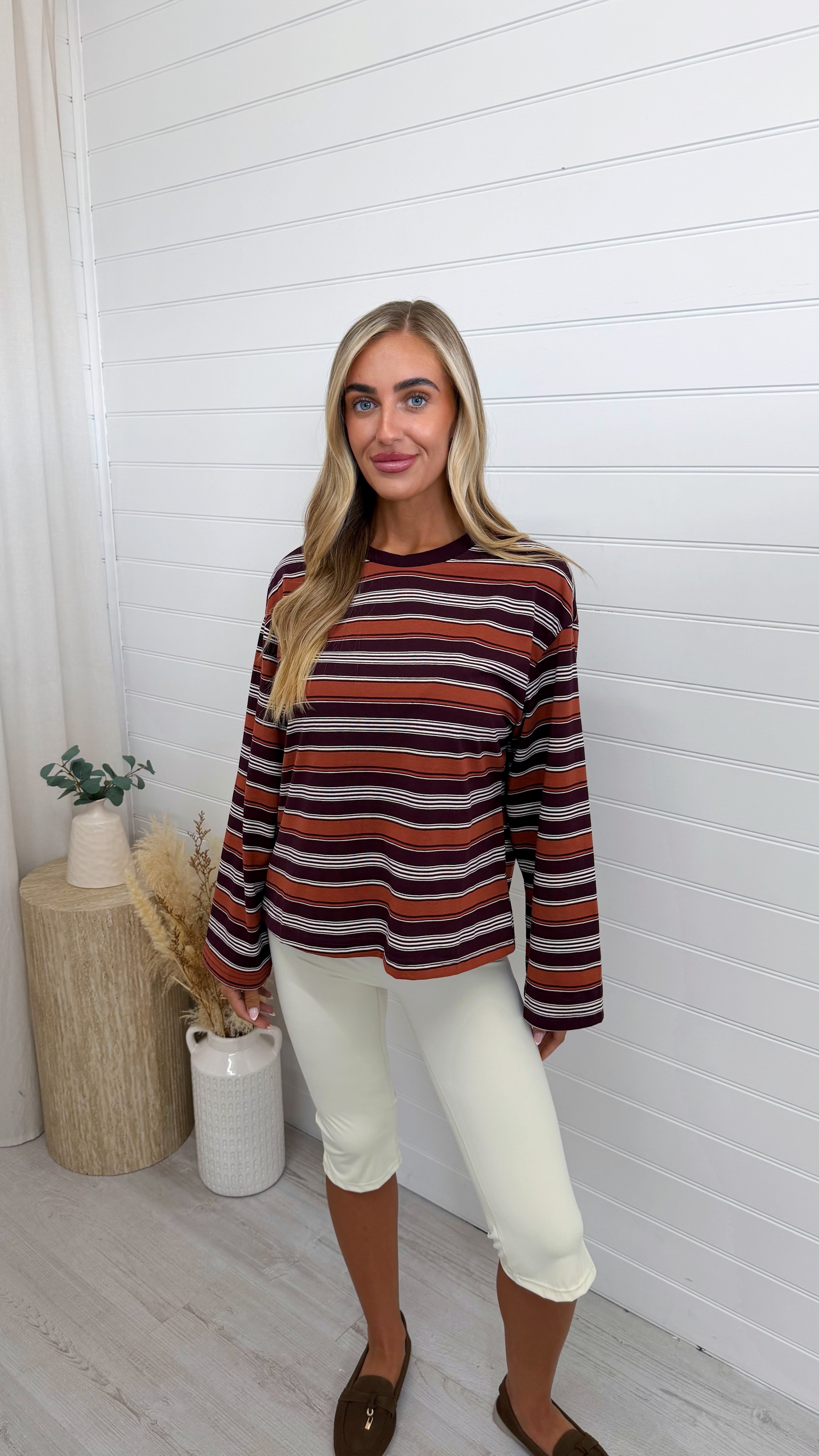 Relaxed Long Sleeve Stripe T-Shirt - BURNT ORANGE/BURGUNDY