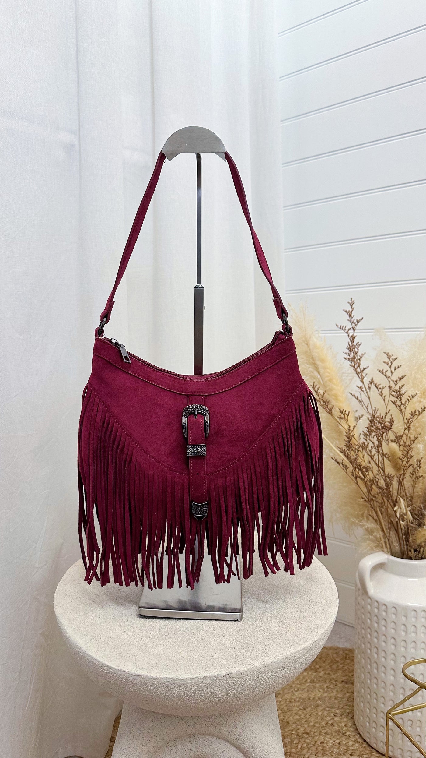 Suede Tassle Shoulder Bag - BURGUNDY